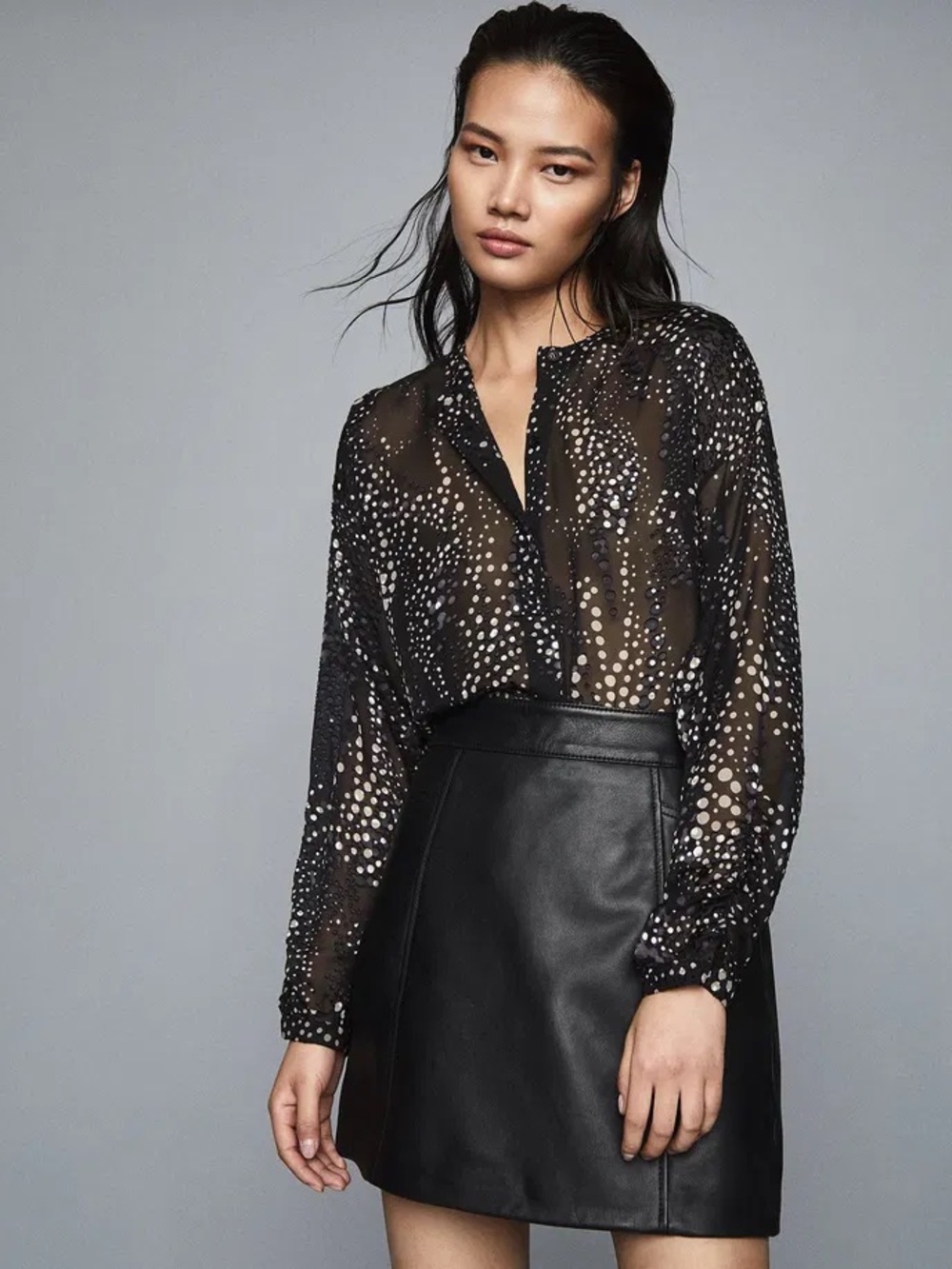 REISS Silk Blend Lisa Spot Printed Burnout Blouse, Black, Size 8